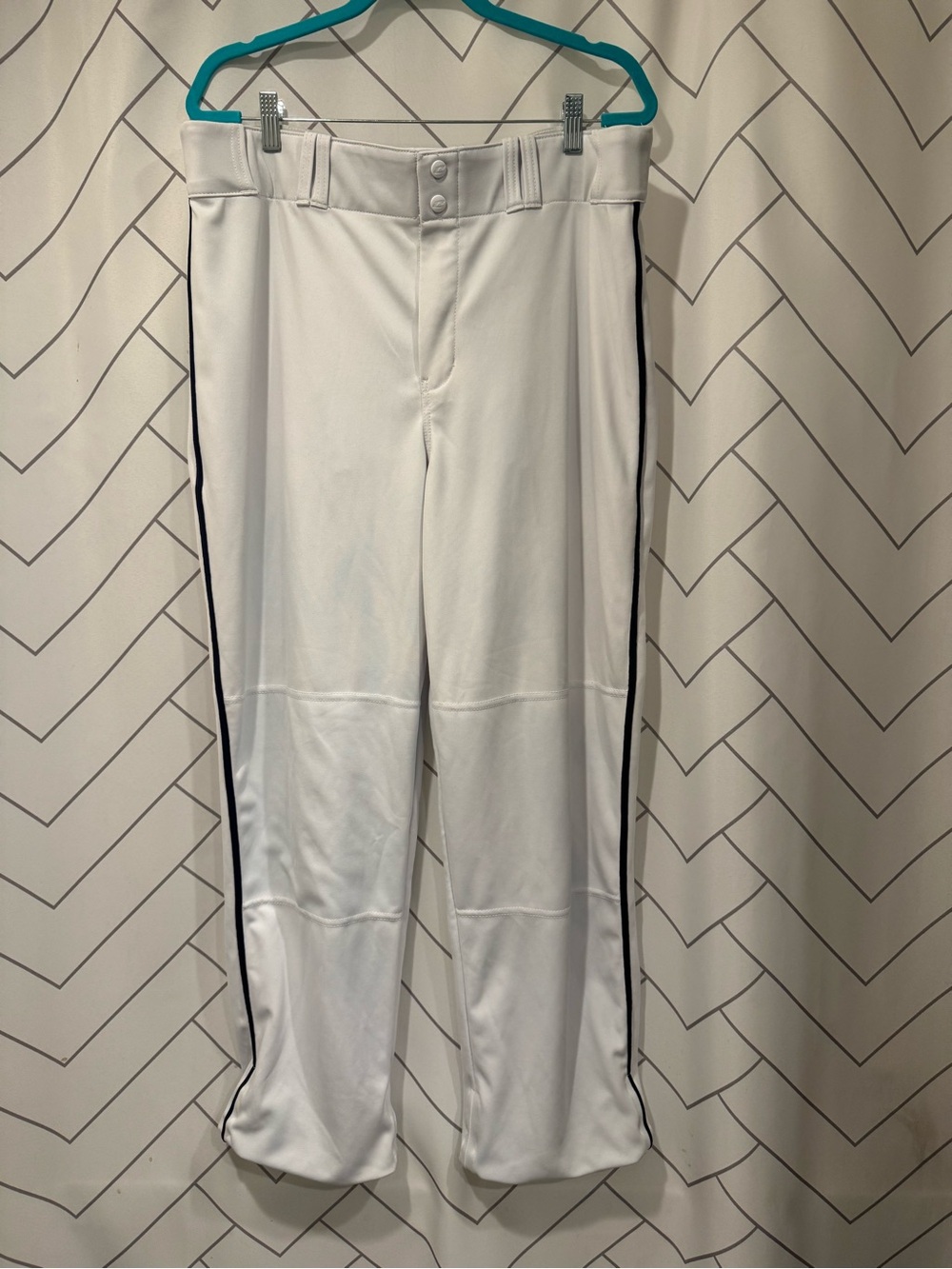 Men's White Baseball Pants with Adjustable Straps and Black Side Strip